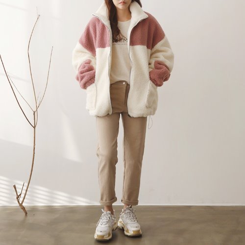 남녀공용 오버핏 배색 기모 양털 자켓 (2color)